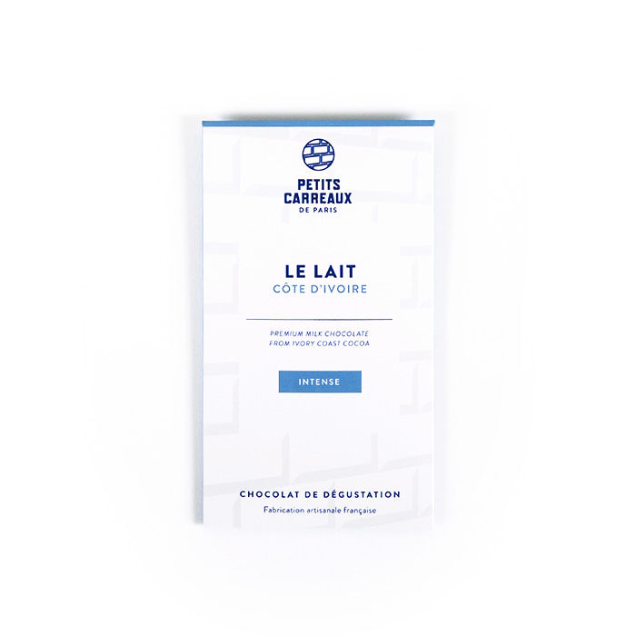 packaging tablette mini de chocolat au lait 41% cacao de Côte d'Ivoire, chocolat artisanal, chocolat made in france, petits carreaux de paris