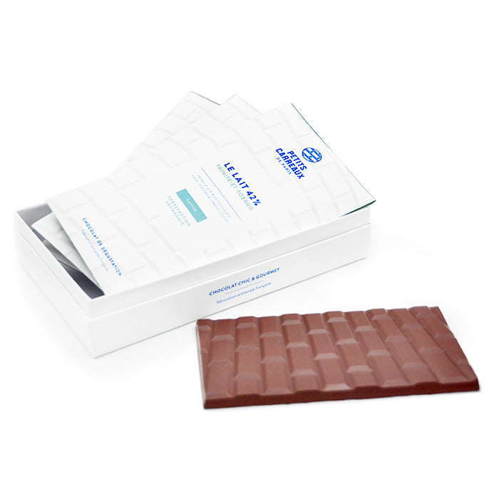 coffret cadeau personnalisable, 3 tablettes, chocolat blanc, chocolat au lait, chocolat noir, chocolat artisanal, chocolat made in france, petits carreaux de paris