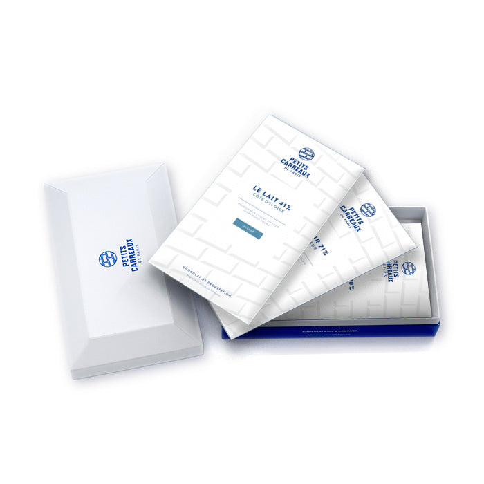 coffret cadeau tablette de chocolat, coffret découverte chocolat, chocolat artisanal, chocolat made in france, petits carreaux de paris