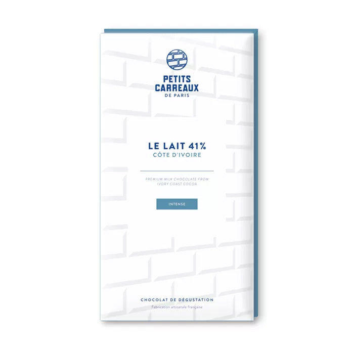 packaging tablette de chocolat au lait 41% cacao de Côte d'Ivoire, chocolat artisanal, chocolat made in france, petits carreaux de paris