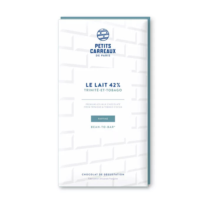 packaging tablette de chocolat au lait 42% cacao de Trinité-et-Tobago, chocolat artisanal, chocolat made in france, petits carreaux de paris