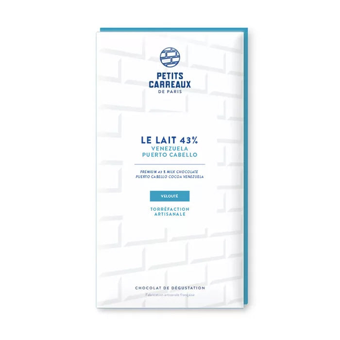 packaging tablette de chocolat au lait 43% cacao de Venezuela puerto cabello, chocolat au lait, chocolat artisanal, chocolat made in france, petits carreaux de paris
