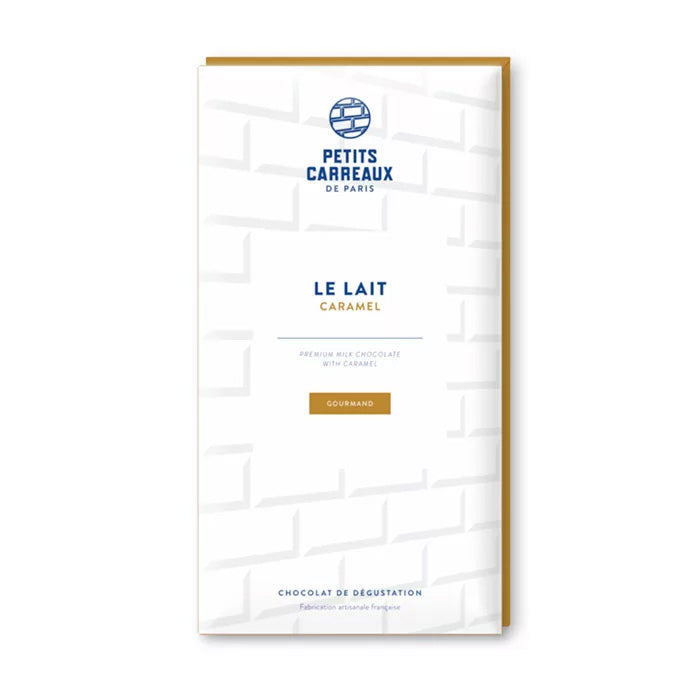 packaging tablette de chocolat au lait et au caramel, chocolat lait caramel, chocolat artisanal, chocolat made in france, petits carreaux de paris