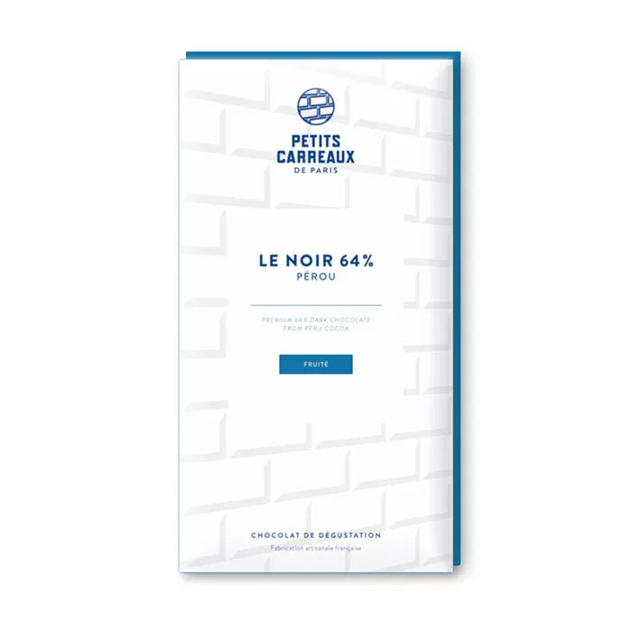 Packshot tablette de chocolat noir, cacao 64% du Pérou, Petits Carreaux de Paris