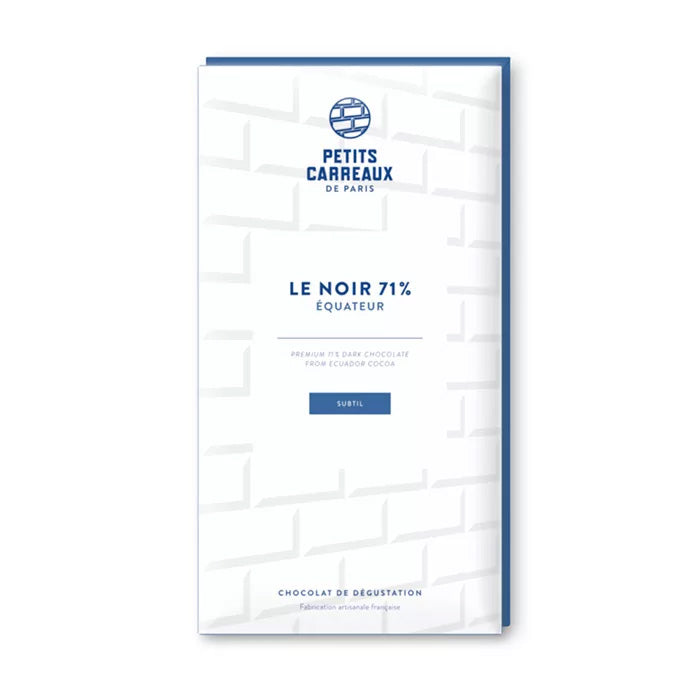 packaging tablette de chocolat noir, chocolat noir 71% cacao d'Équateur, chocolat artisanal, chocolat made in france, petits carreaux de paris