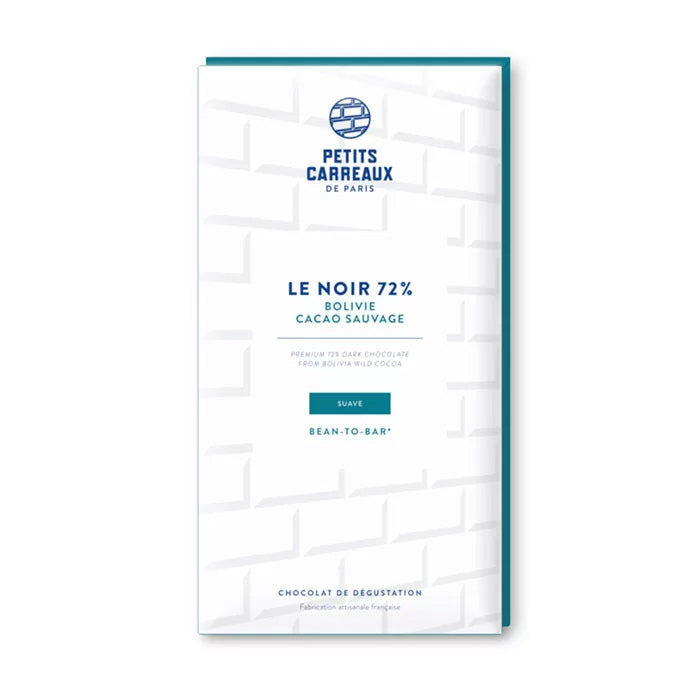packaging tablette chocolat noir 72% cacao sauvage de bolivie, chocolat petits carreaux de paris, chocolat artisanal, chocolat made in france, petits carreaux de paris