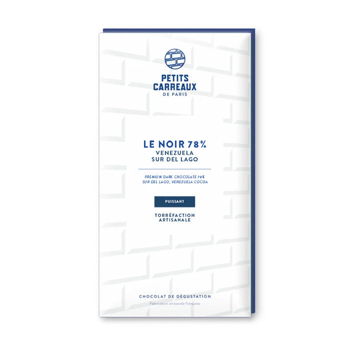packaging tablette de chocolat noir, chocolat noir 78% cacao de venezuela sur del lago, chocolat noir, chocolat artisanal, chocolat made in france, petits carreaux de paris