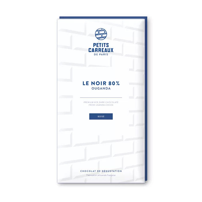 packaging tablette de chocolat noir 80% de cacao d'Ouganda, chocolat artisanal, chocolat made in france, petits carreaux de paris