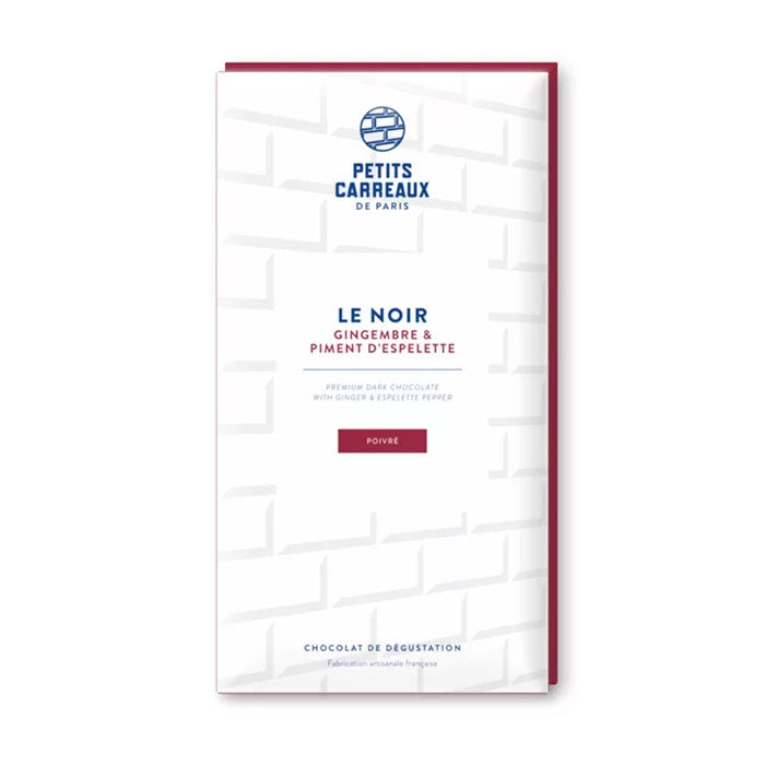 packaging tablette chocolat noir, chocolat noir au gingembre et piment d'espelette, chocolat épicé, chocolat artisanal, chocolat made in france, petits carreaux de paris