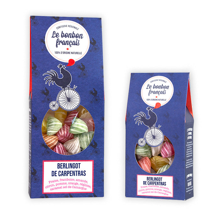 Grand et petit packs bleu Berlingot de Carpentras, confiserie artisanale Le Bonbon Français