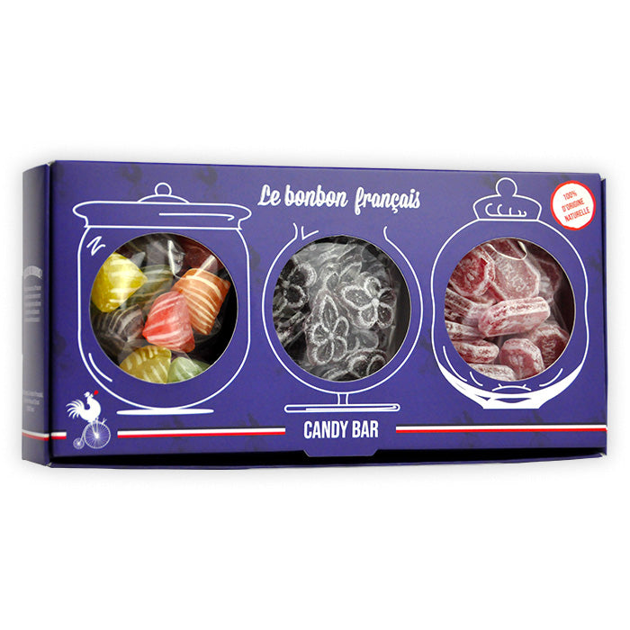 Coffret bleu Candy Bar Souvenirs des grands-parents avec trois fenêtres rondes révélant berlingot de carpentras, violette, coquelicot, Le Bonbon Français
