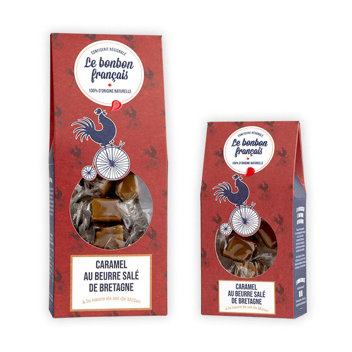 Grand et petit packs rouge Caramel au beurre salé de Bretagne, confiserie artisanale Le Bonbon Français