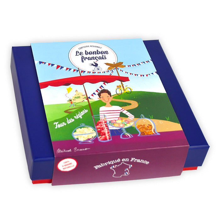 Coffret prestige Tour des Régions fermé, fourreau illustré avec Mont-Saint-Michel et logo Le Bonbon Français