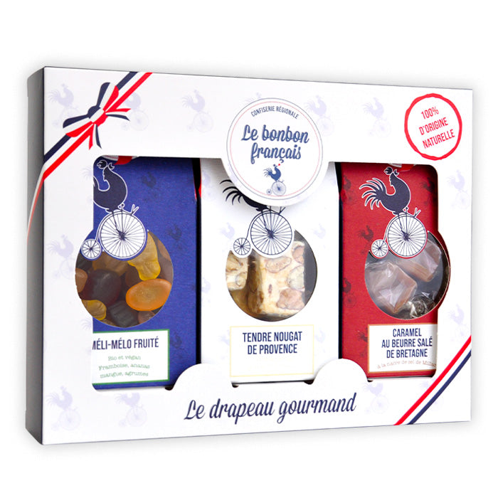 Boîte Drapeau Gourmand Les Classiques : packs bleu blanc rouge, méli-mélo, nougat de provence et caramel salé breton, Le Bonbon Français