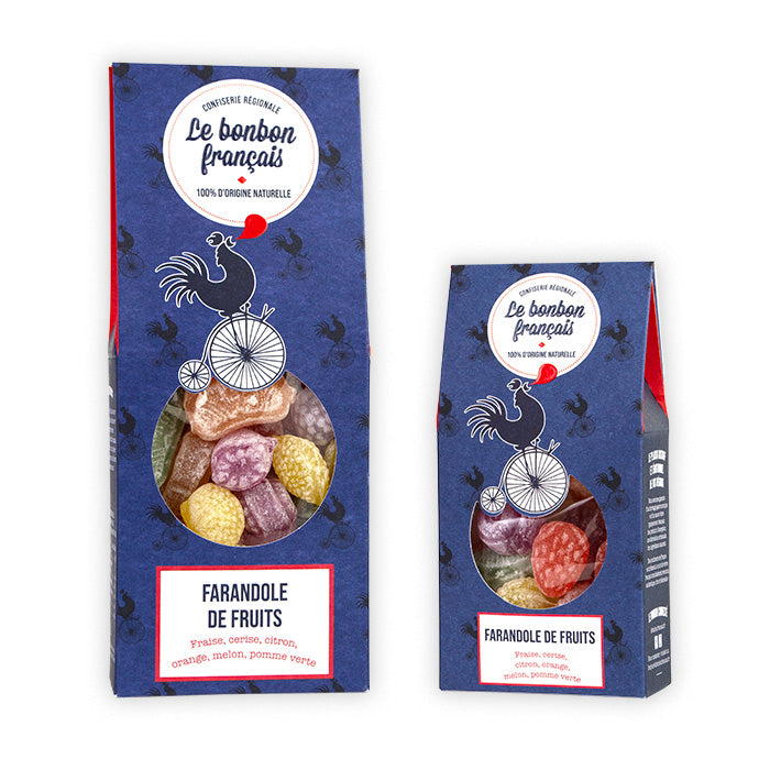 Grand et petit packs bleu Farandole de fruits, confiserie artisanale Le Bonbon Français