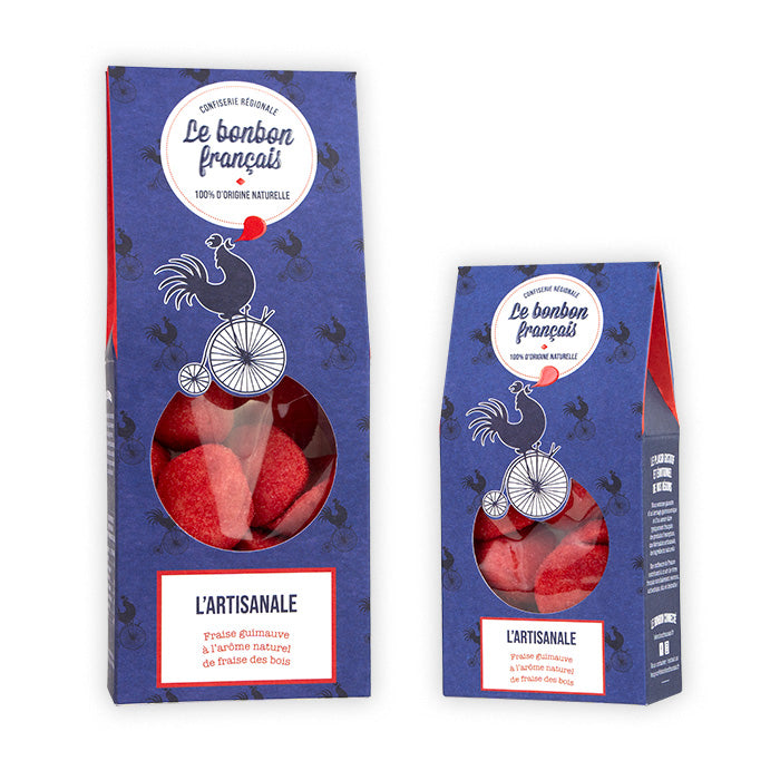 Grand et petit packs bleu L'Artisanale fraise guimauve, confiserie artisanale Le Bonbon Français