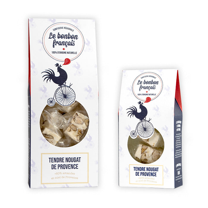 Grand et petit packs blanc Tendre Nougat de Provence, confiserie artisanale Le Bonbon Français
