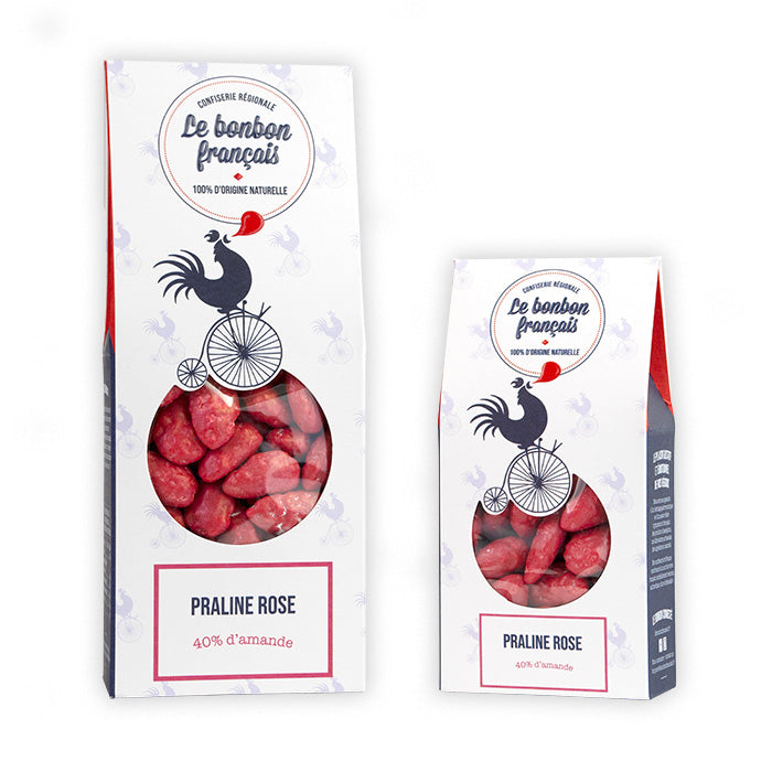 Grand et petit packs blanc Praline rose, confiserie artisanale Le Bonbon Français