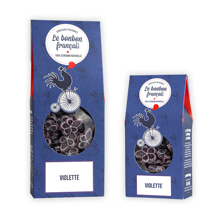 Grand et petit packs bleu Violette, confiserie artisanale Le Bonbon Français
